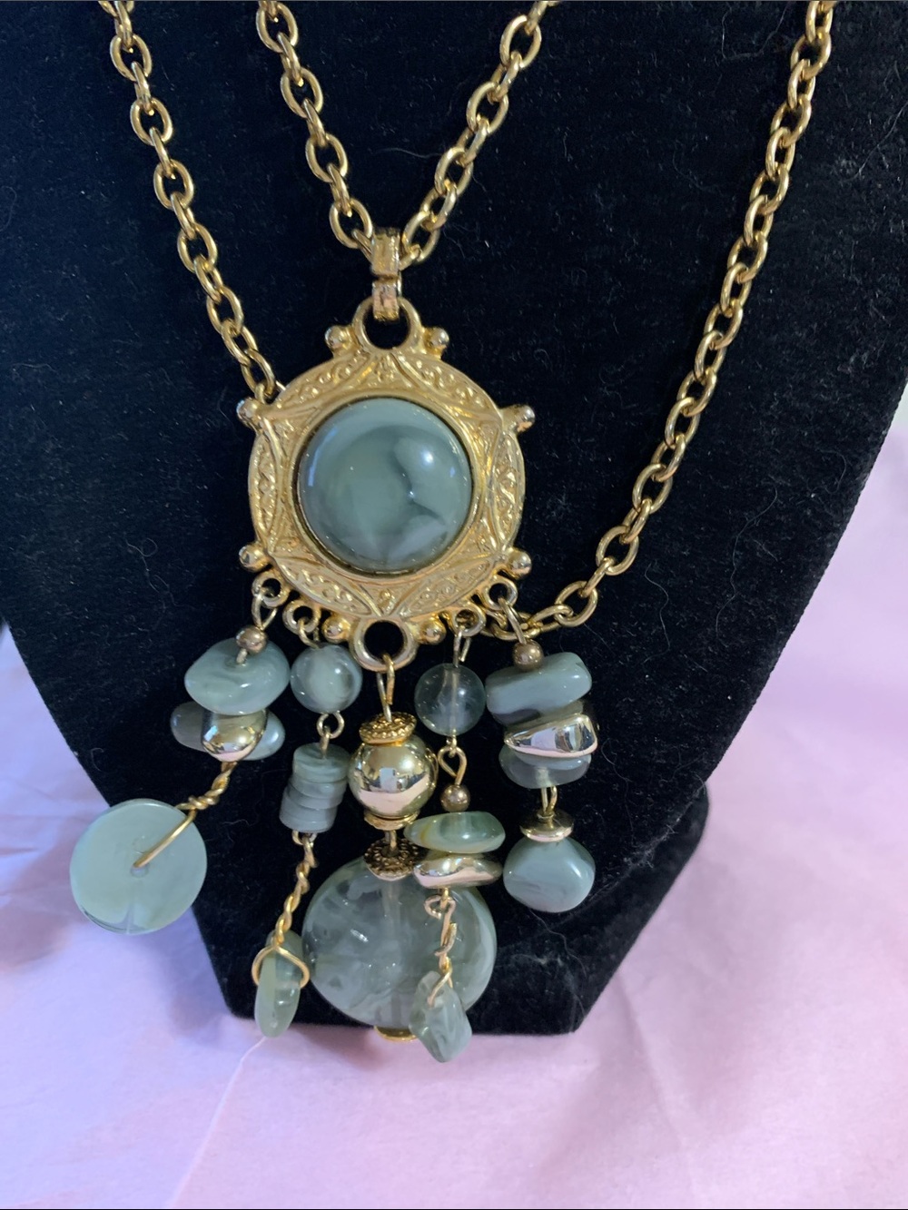 Gold-Tone Necklace with Green Agate Dangles